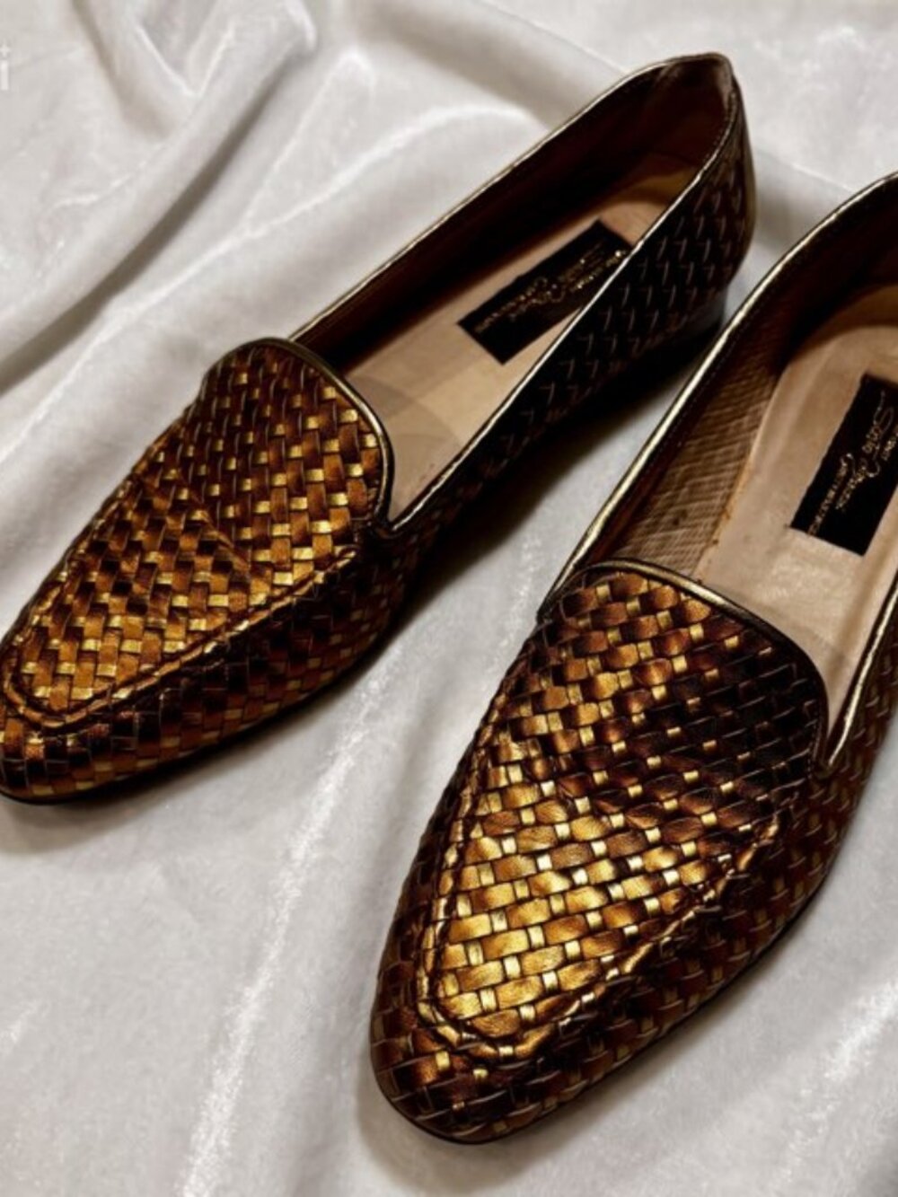 Sesto Meucci Gold Metallic Basket Weave Leather Loafers, Size 9 N